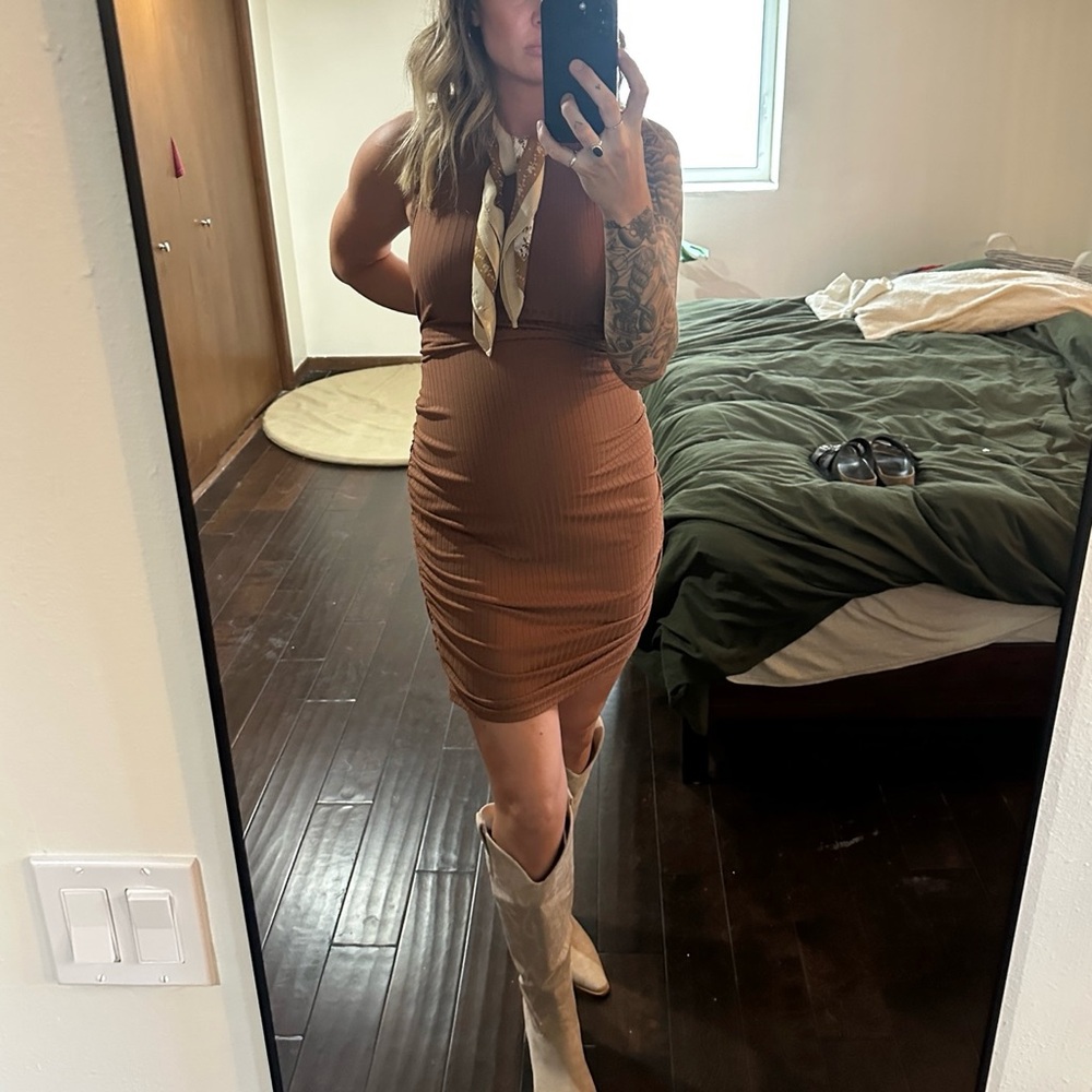Ribbed Sleeveless Bodycon Maternity Dress in Brown